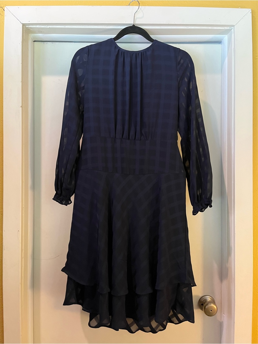 DKNY Navy Long-Sleeve Tiered Check Midi Dress